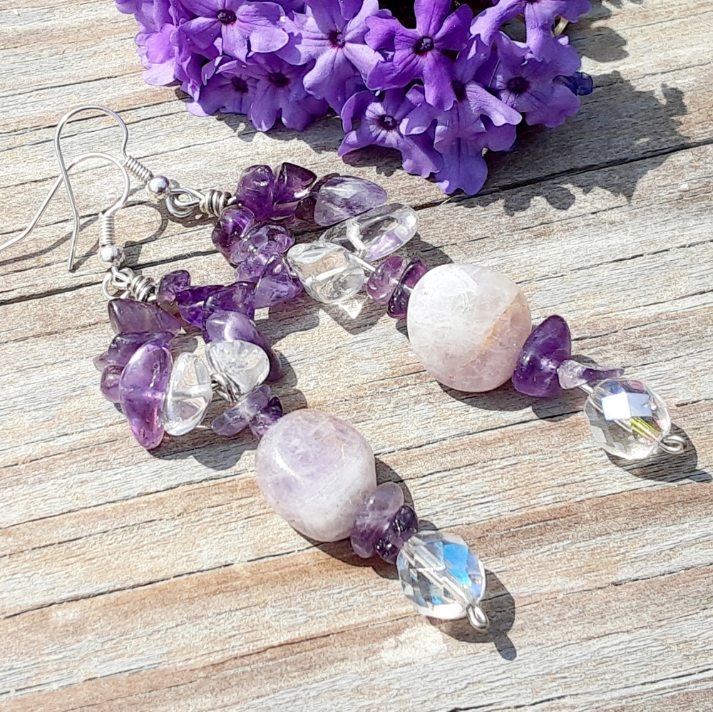Sparkly Boho Amethyst Crystal Dangly Earrings